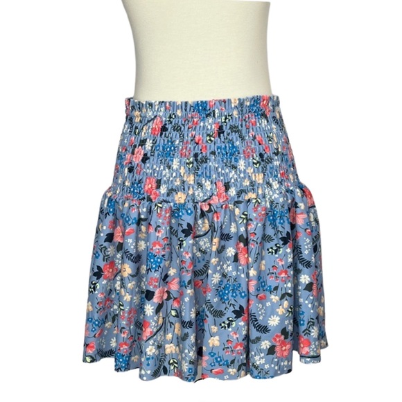 Retro Blue Floral Shirred High Waist Drawstring Beach Skirt - Picture 11 of 16